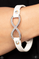 "Innocent Till Proven Glitzy" White Leather & Iridescent Rhinestone Infinity Symbol Snap Bracelet