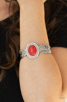 " Western Wings " Silver Metal & Red Crackle Stone Feather Detail Cuff Bracelet