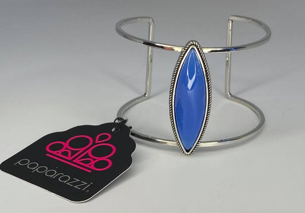 "What You Seer is What You Get" Silver Metal Marquise Blue Stone Cuff Bracelet