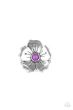 Paparazzi " Boho Blossom " Silver Metal Bright Purple Stone Flower Elastic Back Ring