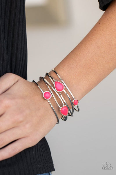 Paparazzi " Fashion Frenzy " Silver Metal Multi Shaped Faceted Pink Stone Cuff Bracelet