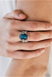 Paparazzi " Color Me Confident " Silver Metal Framed Blue Stone Elastic Back Ring