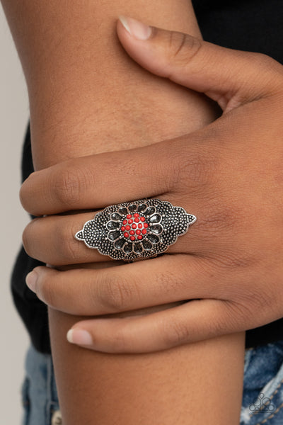 Paparazzi " Wildly Wallflower " Silver Metal Flower Red Stone Accent Elastic Back Ring