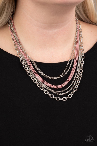 "Intensely Industrial" Silver Metal & Pink Metal Multi Layer Necklace Set