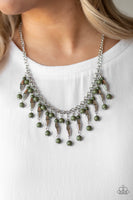Paparazzi " Earth Conscious " Silver Metal & Green Stone Bead Cascade Necklace Set
