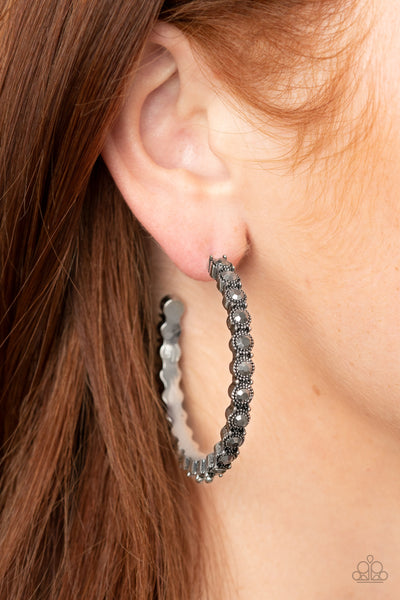 Paparazzi " Rhinestone Studded Sass " Silver Metal Hematite Rhinestone Hoop Earrings